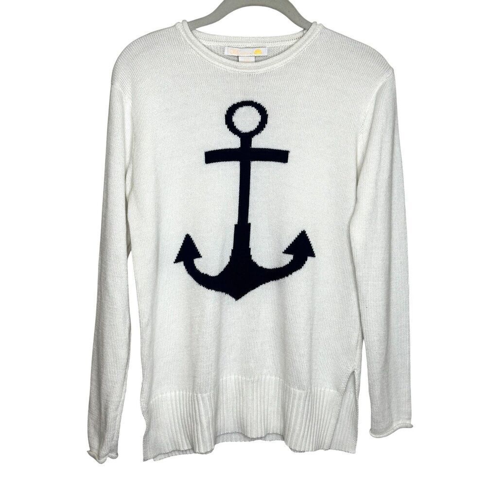 C&C California Sweater Womens XS White Anchor Nautical Crewneck Pullover Knit